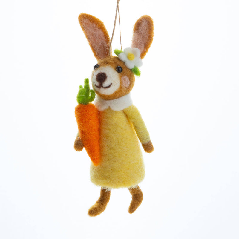 A13442 Felt tan bunny, yellow dress,carrot trim 6in