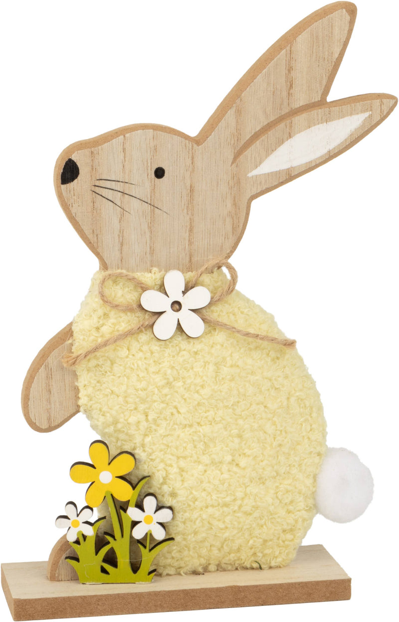 A21478:Wood bunny TP w fluffy ylw plush body/wood/pompom