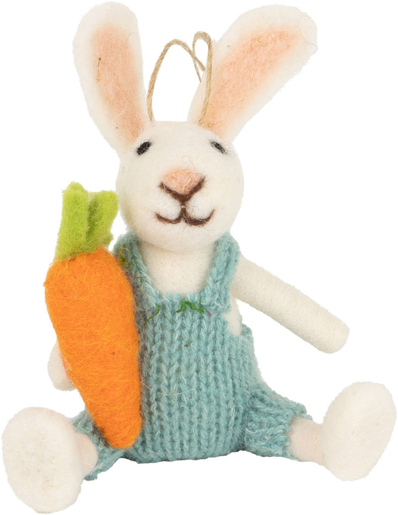 A13514:Felt bunny ornament in pale bl knit overalls, carrot